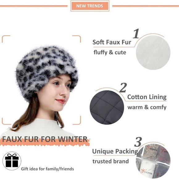 Women\'s Black Leopard Winter Faux Fur Cossak Russian Style Hat Warm Cap main image 4